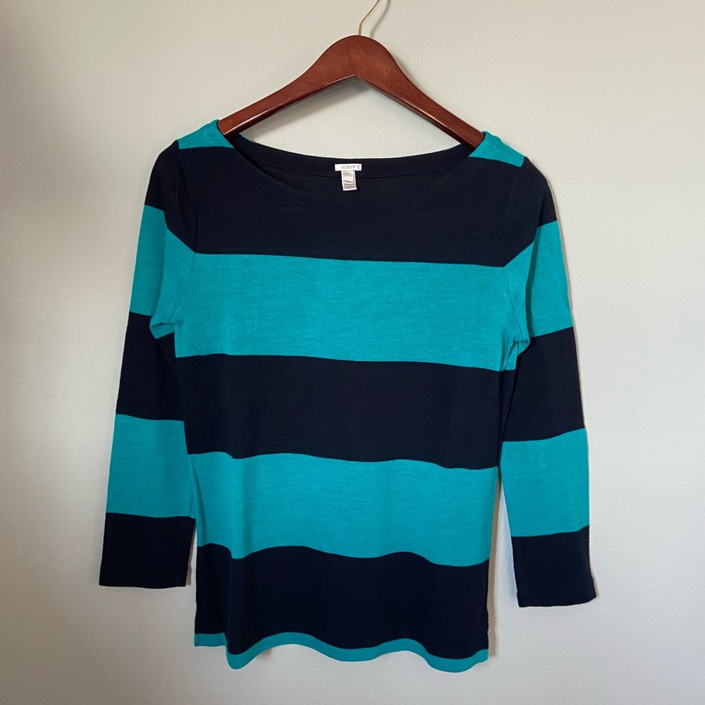 J Crew Blue Stripe Boat Neck Lightweight Sweater